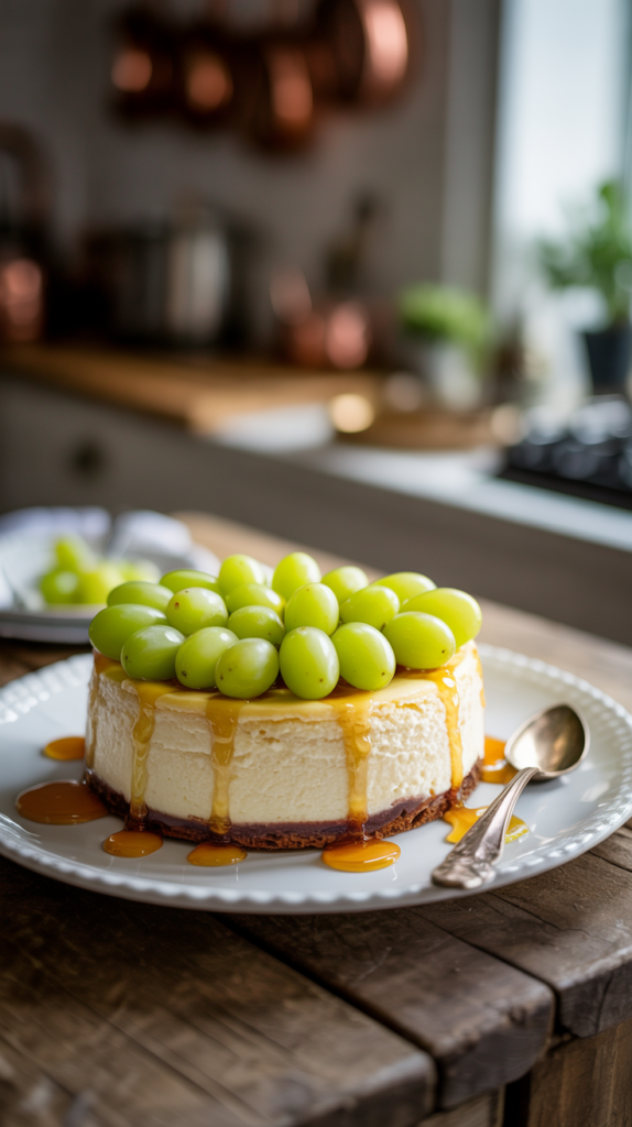 Tarta de queso con uvas verdes